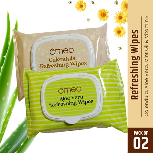 Image of Omeo Aloe Vera and Calendula Refreshing & Hydrating Wet Wipes, 25N in Each (Combo Pack) | Face Cleansing, Makeup Remover Wipes with Mint Oil & Vitamin E | Sulphate, Paraben & Alcohol Free - Women and Men