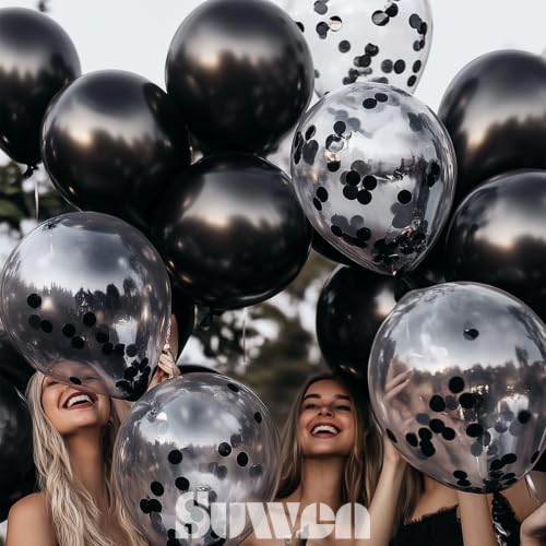Image of SUWEN Black Metallic and Confetti Balloons Set 47PCS Latex Helium Chrome