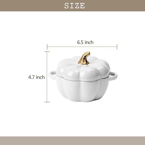 Miniatura 2 de FYUEROPA Tazón de calabaza de cerámica, cacerola individual, cuenco para hornear para horno con tapa, 14 onzas, juego de 2 (blanco)