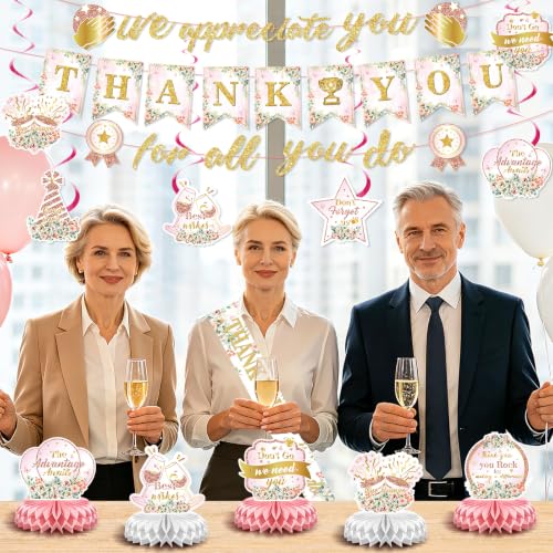 Image of Pink Floral We Appreciate You Party Decorations for Employee Teacher Decor | Thank You for All You Do Banner Honeycomb Centerpieces Hanging Swirl for Office Employee Pastor Appreciation Party Gift Decor