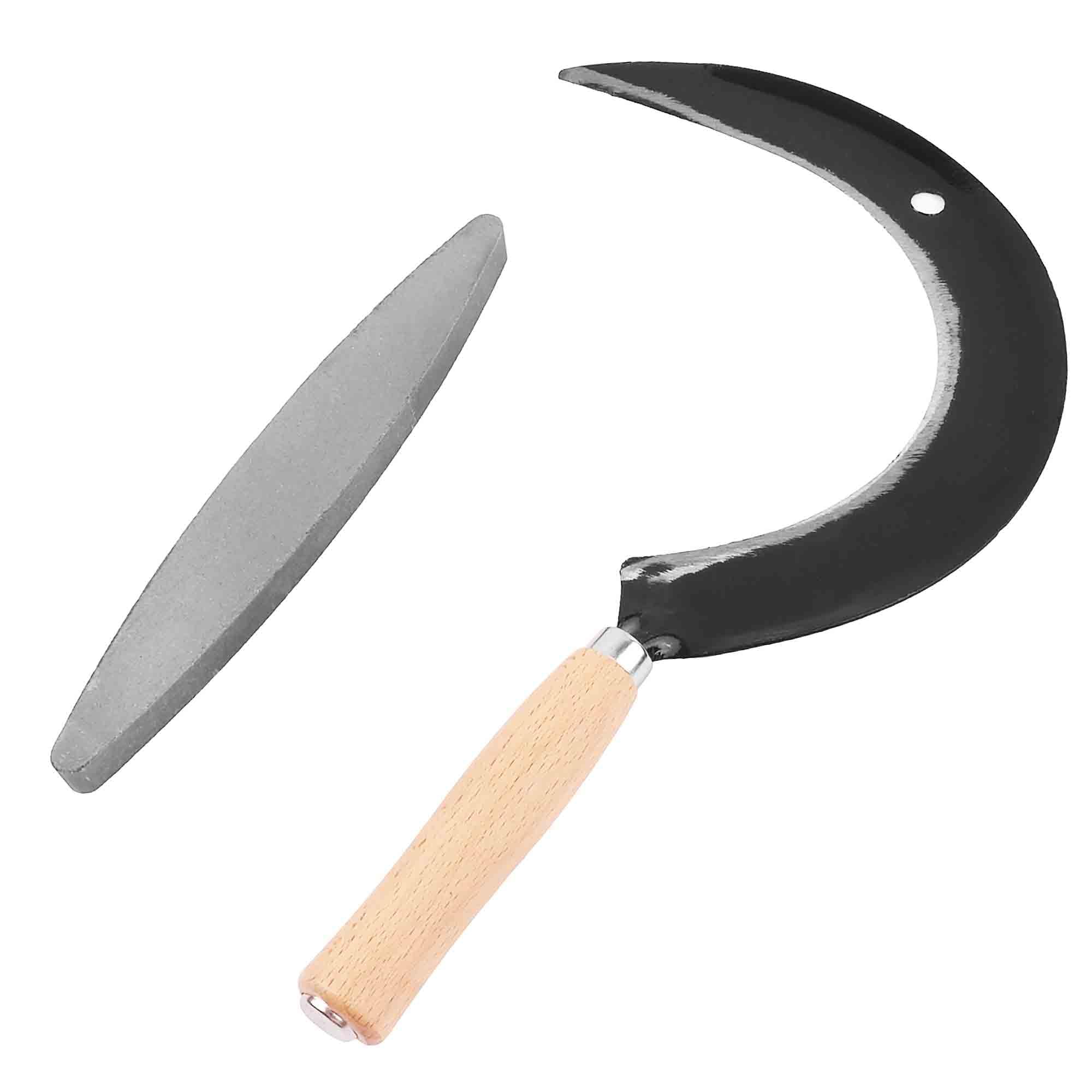 Set de faucilles de qualité supérieure avec pierre à aiguiser, faucille tranchante, faucilles à main 35 cm, petites faux, tondeuse, coupe-herbe, manche en bois, faucille forgée pour faucher
