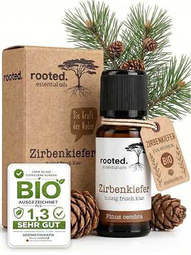 rooted. BIO Zirbenöl 10ml [100% NATURREIN] - Echter Zirbenkiefer - Pinus Cembra - Ätherisches Öl für Aromatherapie Duftlampe Diffusoren Raumduft Duftkerzen und -Seifen