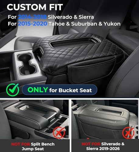 Image of Center Console Cover for Chevrolet Silverado & GMC Sierra 2014-2018, Tahoe & Suburban & Yukon 2015-2020, Fits Bucket Seat Only, 1.2-Inch Thick PU Leather Armrest Protector with 2 Side Pockets