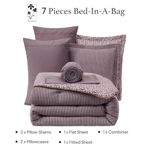 Image of BLOOMHAVEN Queen Comforter Set - 7 Pieces Deep Purple Bedding Sets for All Seasons, Lightweight Breathable Bed in a Bag Queen with Revesible Farmhouse Comforter, Sheets, Pillowcases & Shams