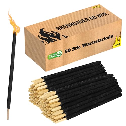 Nico Feuerwerk® Lot de 50 torches de cire, durée de combustion de 60 minutes, torches en cire de...