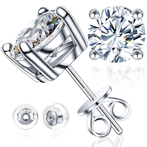 Moissanite Stud Earrings for Men & Women, 0.6-4CT, Hypoallergenic 925 Sterling Silver 18K White Gold Plated Earrings, D Color GRA Certified VVS1 Round Lab-Created Stud