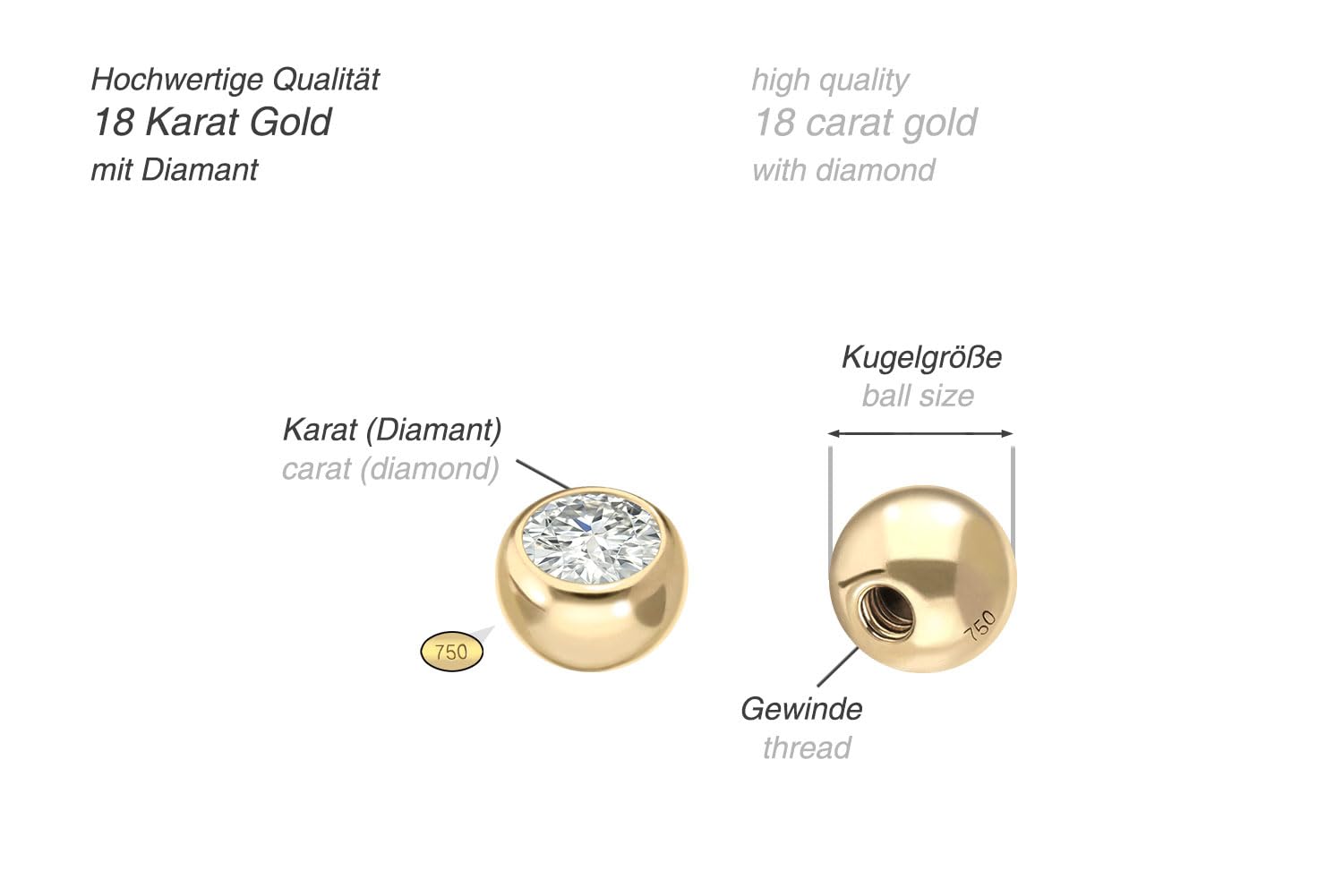 PIERCINGLINE 18 Karat Gold Schraubkugel DIAMANT Piercing Kugel Aufsatz Ersatz Größenauswahl
