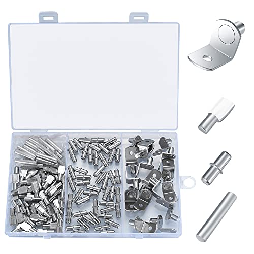 128 Stück Regalstifte in 4 Art, Bücherregal Supportt Vernickelt Regalträger 5mm 6mm Regalträger aus Metall für Möbel Schrank Kommode Cover