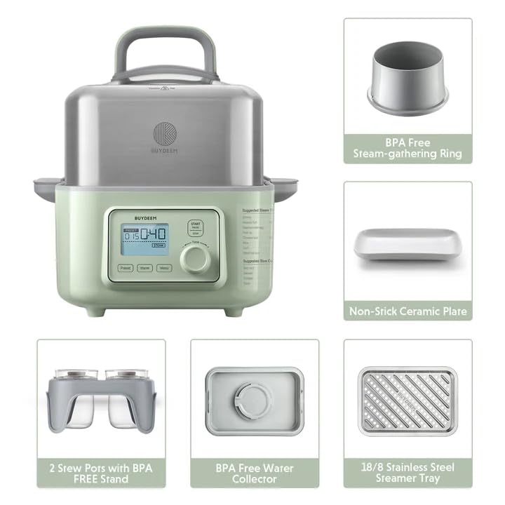 Image of BUYDEEM G563-A501 Electric Food Steamer for Cooking, 2 Tire Stainless Steel Steamer with Slow Cook Mode, 1500W, 10-Quart, Green