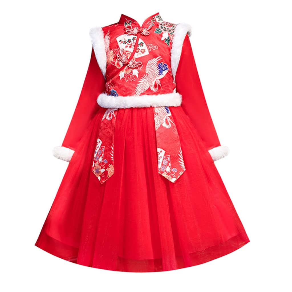 Clothing Red Festive Hanfu Chinese Style Girls Winter Tang Suit Dresses Cothing Girls Dress (Color : A, Size : 140cm)