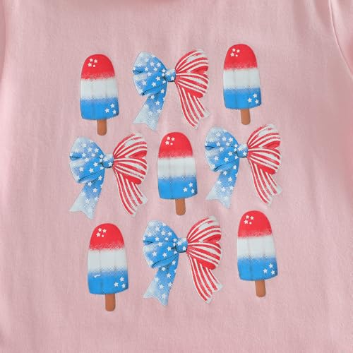 Image of Kids Toddler Girls 4th of July T-Shirt Short Sleeve Patriotic Coquette Bow American Flag Independence Day Top