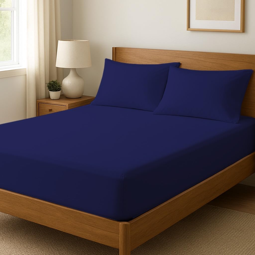 Novexa 100% Egyptian Cotton Single Fitted Sheets 400 Thread Count 35cm Deep Cooling Hotel Quality Bed Sheet Luxury Ultra Soft Bottom Navy Blue Fitted Bedsheets