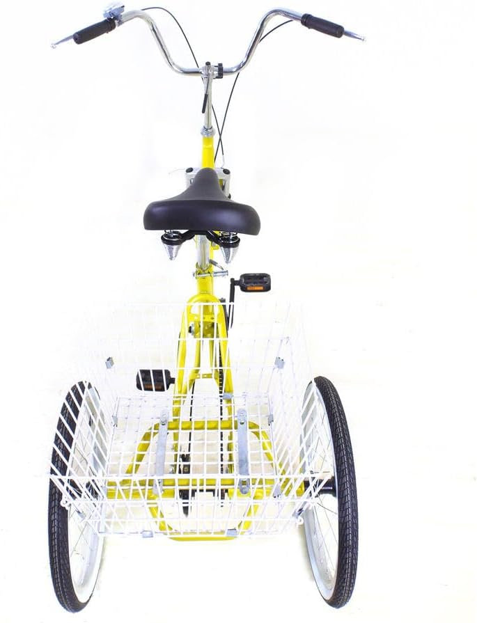 Folding Adult Tricycle, 20 Inch 3-Wheel Bike Single Speed Yellow Adult Trike Bike Tricycle for Adults with Light and Basket Height Adjustable Cruise Trike Elderly Bicycle for Shopping Picnic Beach