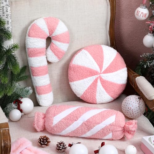 Anglechic 3 Pcs Christmas Pillows Decorative Throw Pillows Candy Merry Christmas Tree Stuffed Wool Soft Xmas Plush Cushion for Sofa Couch Bedroom Living Room(Pink)