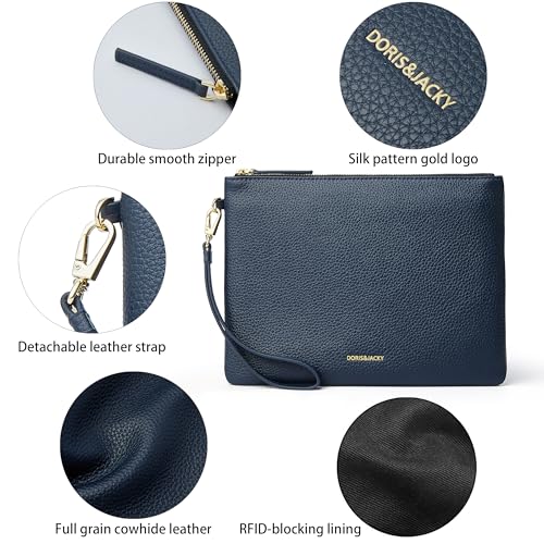 Image of DORIS&JACKY Women Leather Clutch Purse and Phone Wallet with Wristlet Strap | Soft Designer Evening Party Bag, Thin Slim RFID Blocking Cellphone Pouch Case, Formal Casual Handheld Premium Little Purse