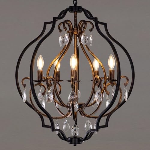 TOCHIC 5 Lights Farmhouse Chandelier, Rustic Orb Chandeliers for Dining Room, Black Crystal...