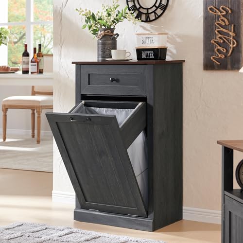 IFGET Tilt Out Trash Can Cabinet, 10 Gallon Farmhouse Laundry Hamper Cabinet with Drawer, Hidden Wooden Trash Garbage Can Bin with Storage Basket for Kitchen, Living Room (Dark Grey)
