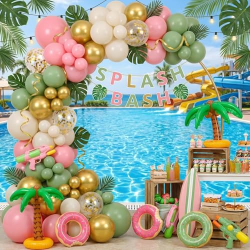 Image of RUBFAC Pink and Sage Green Balloons, Party Easter Balloons Metallic Gold Confetti Balloon for Fairy First Birthday Tea Party Decorations