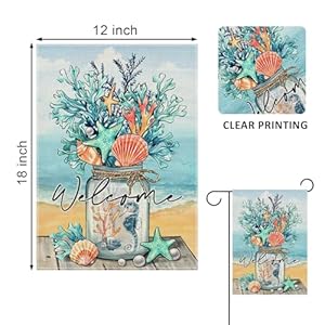Welcome Summer Mason Jar Decorative Garden Flag Beach Coastal Coral Starfish Shell Sea Horse Yard Outside Decorations Nautical Seasonal Burlap Outdoor Small Home Decor Double Sided 12 x 18