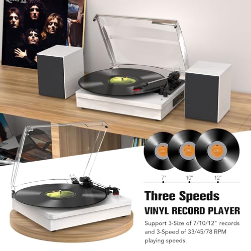 Image of Retrolife Record Player with 2 External Speakers, Vinyl Turntable, White | 3-Speed Belt-Drive Turntable for 33 /45 /78 RPM Vinyl, Bluetooth Wireless Playback, Auto Stop, AUX Headphone Input and RCA Out
