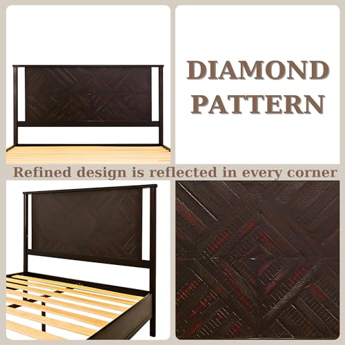 Image of Bme Ethan Queen Bed Frame with Diamond Headboard, Mid-Century Modern, Solid Acacia Wood, No Box Spring Needed, Fits All Mattresses, Rustic Black