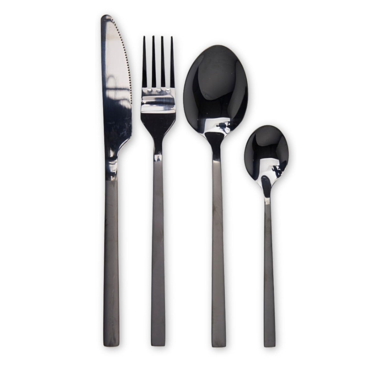 Envenzo 16-Piece Stainless Steel Cutlery Set, Modern Silverware Set for 4, Dishwasher Safe, Mirror Polished Cutlery Set Spoon, Knife and Fork Set, Black, Gold, Silver, Steel (Black)