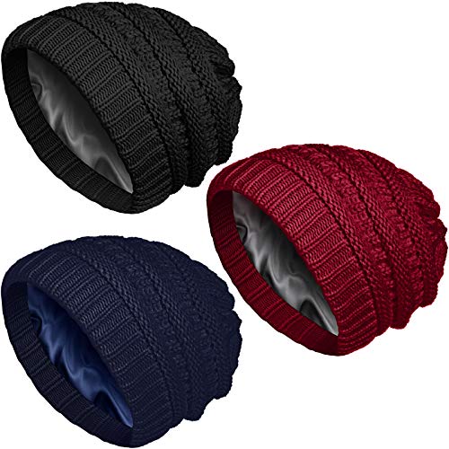 Image of Geyoga Winter Beanies Satin Lined Warm Thick Knitted Hats Slouchy Caps for Women
