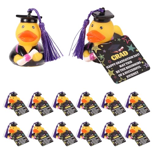 Lyreh 12pzs Patitos Goma Graduación con Tarjetas, 2025 Pato Birrete & Diploma Detalles Fiesta Toppers Pastel Juguetes Baño para Regalos Estudiantes Incluye Sujetadores Etiquetas (Morado)