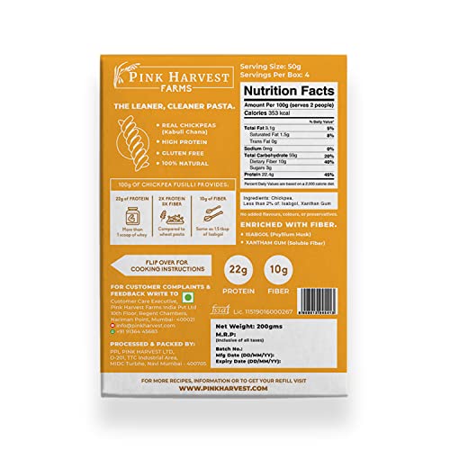 Image of Pink Harvest Farms Chickpea Pasta | No Rice - No Maida | Vegan | Gluten Free | High Protein | (Chickpea Fusilli Pasta, 200 g (Pack of 2))