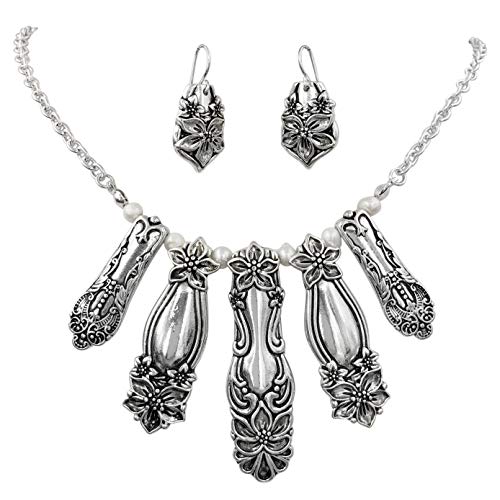 Gypsy Jewels Statement Bib Large Bold Unique Vintage Style Silver Tone Necklace & Dangle Earrings Set (Spoon Handle Flair)