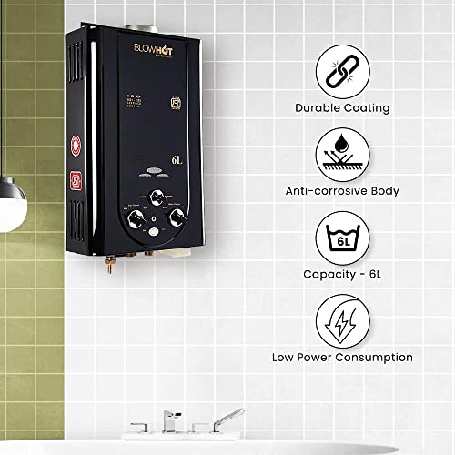 Image of BLOWHOT 6 Litres Gas Geyser, Auto CUT-OFF LPG Gas Water Heater Geyser, Low Gas Consumption, 1 Year General Warranty and 2 Years Warranty On Heat Exchanger (ISI Marked) Black
