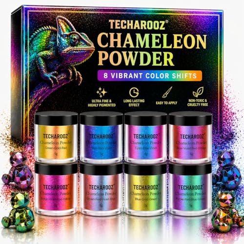 TECHAROOZ Chameleon Mica Powder 8 Jars of 5g Color Shift Chrome Nail Powder Holographic Glitter for UV & Epoxy Resin Supplies Eyeshadow Nail Decor Soap & Candle Making - Packaging May Vary