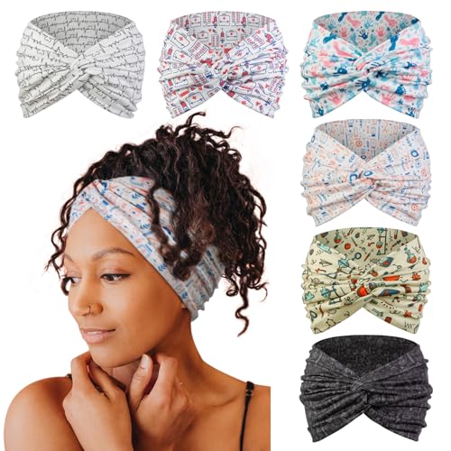 Image of Tobeffect Extra Wide Turban Headbands for Women, 7'' Large Wide Headband for Nursing Cute Printed Nurse Head Bands Twisted Knotted Hairbands Non Slip Cloth Headbands for Women Hair Accessories 6 Pack