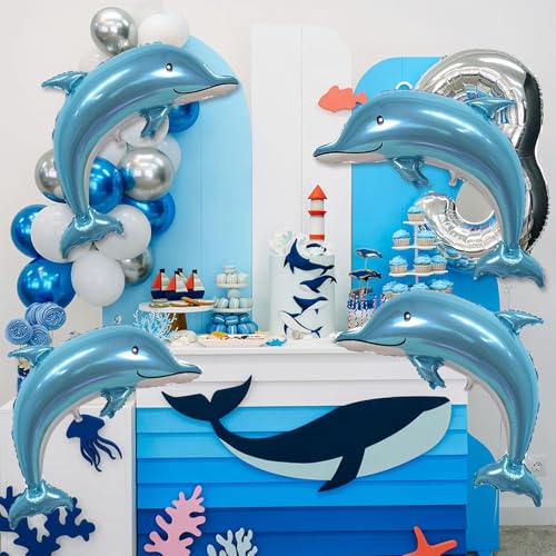 Image of Sea Animal Balloons 4pcs Ocean Themed Balloon Party Decoration,large Blue Dolphin 46 Inch Mylar Balloons,ocean Balloon Birthday Party Decorations