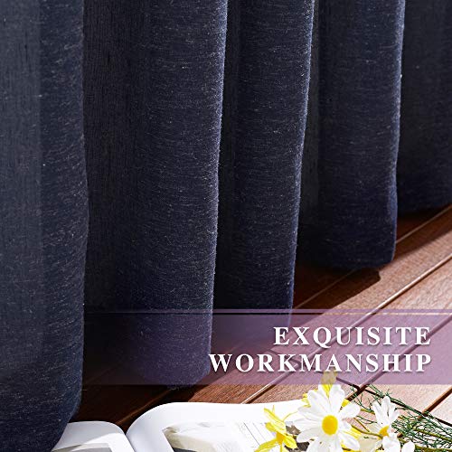 NICETOWN Linen Sheer Curtains for Bedroom Window, Grommet Semi Sheer Linen Curtain Panels Vintage Natural Wave Privacy Flax Draperies for Hall/Villa, Navy Blue, W52 x L84, Set of 2