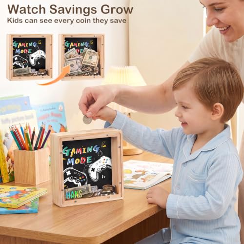 Image of ICOSY Piggy Bank for Kids, Wooden Framed Coin Bank