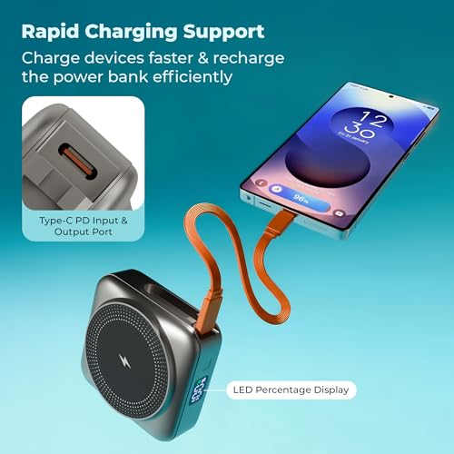 Image of Zebronics 10000Mah MagSafe Compatible Powerbank, 15W Wireless Charge, 22.5W Rapid Charging, Dual Output (Type-C PD & USB), Built-in Protection, Carry Loop, for iPhone & Android (EnergiSafe 10R3)