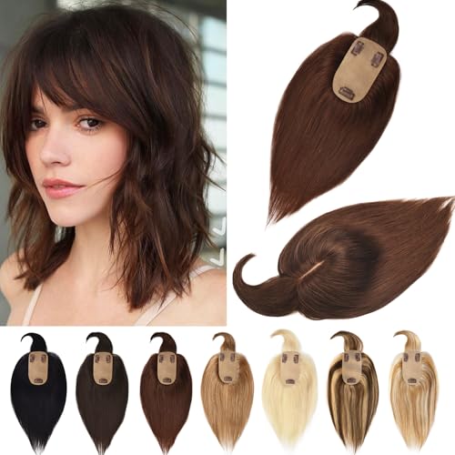RICH BRIA Hair Toppers for Women with Thinning Hair Real Human Hair with Bangs Toppers Hair for Women Hair Toppers with Bangs for Hair Loss Grey Hair 10" #4 Medium Brown (Base: 5.1 * 2.8in)