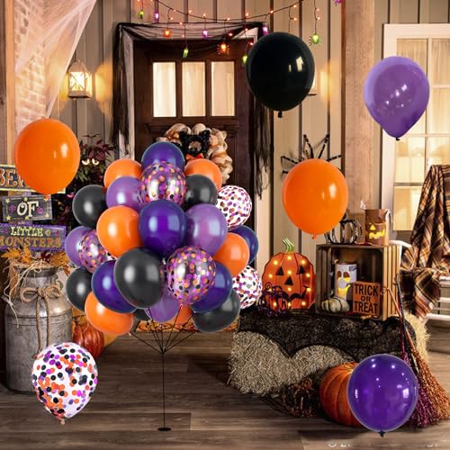 Image of 60Pcs Black Orange Purple Balloons, 12 Inch Balloon Purple Black Orange Party Balloons with Confetti Latex Helium Balloon for Birthday Festival Party Decoration Halloween Theme Party Indoor Outdoor