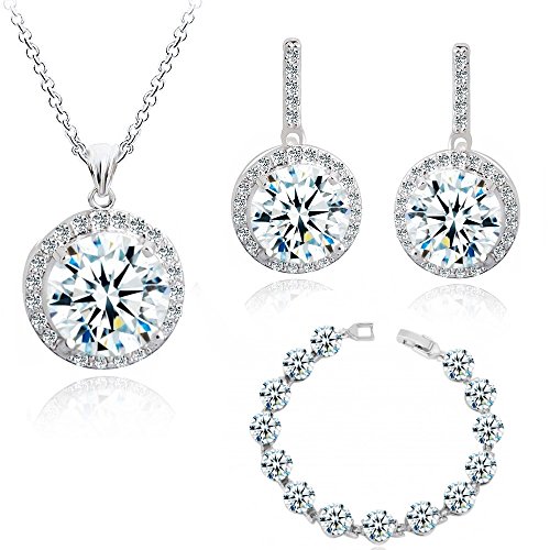 Preisvergleich Produktbild Rund Weiß Österreichische Zirkonia Kristalle Schmuck-Set Halskette Anhänger 45 cm Ohrringe Armband 18 kt Weiß Vergoldet für Damen