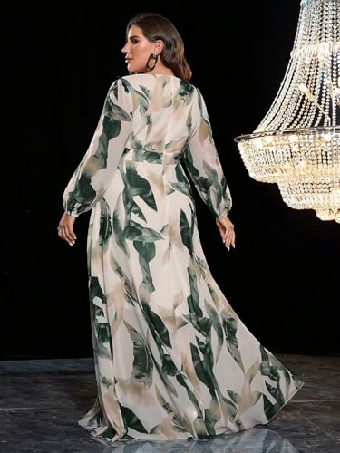 Image of Spring Summer 2024 Plus Size Womens Dresses V Neck Casual Elegant Long Sleeve Floral Print Maxi Dress