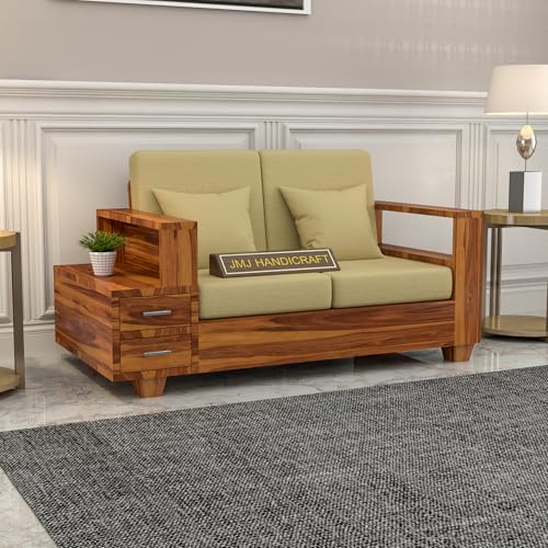 Image of Solid Sheesham Wood 2-Seater Sofa Set for Living Room - Elegant Wooden Sofa Chair with Drawer Storage Sofa Set for Home (Design 21)