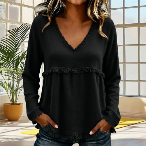 Boho Tops for Women V Neck Fringe Trim Long Sleeve Blouse Relaxed Fit Casual Fall Western Peasant Shirt Tunic Top Boho Blouses for Women Black S - image 6