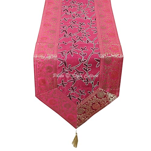 Image of Ari Zari Embroidered Table Runner Indian Decorative 6 Feet Magenta & Purple Banarsi Brocade Satin Ethnic Long Runner Up with Tassels Living Room Tablecloth