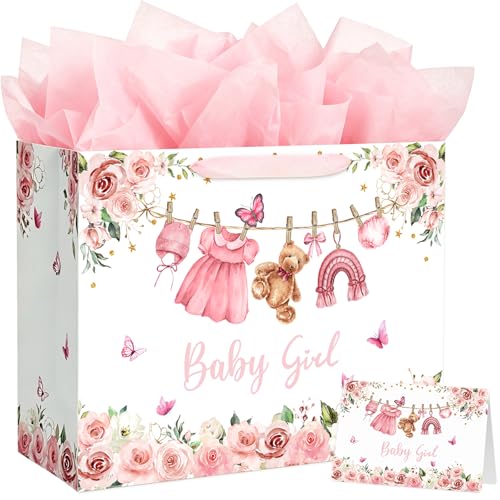 Yusenguan 16.5 Extra Large Baby Gift Bag Set with Tissue Paper and Greeting Card Pink Floral Design for Girl Baby Shower Kids Birthday Party and Newborn Gifts
