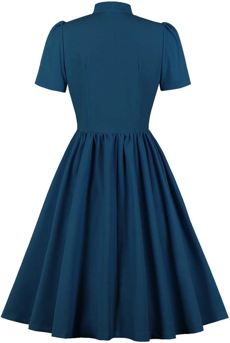 Vintage Women 1940s Bow Tie Neck Dress Retro 40s 50s Button Up Business Work A-line Cocktail Dresses - Image 2
