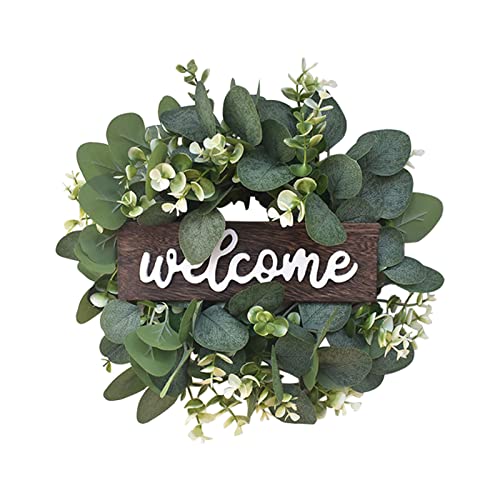Ragyzity Artificial Green Leaf Eucalyptus Wreath 35 cm /13.8inch All Seasons Door Wreath with Welcome Sign Outdoor Ornaments for Home Bedroom Wall Party and Festival Celebration Decor