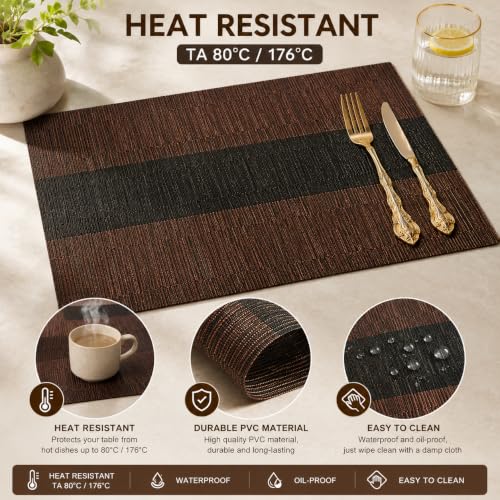 Image of OXSAM Placemats, Heat Insulation Non-Slip Vinyl mats, Stain-Resistant Tablemats for Home and cafe Dining Table Decor (Brown & Black, Pack of 6)