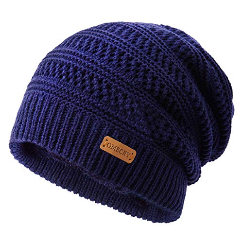 OMECHY Winter Knit Warm Hat for Mens & Women Stretch Plain Beanie Cuff Toboggan Cap Navy