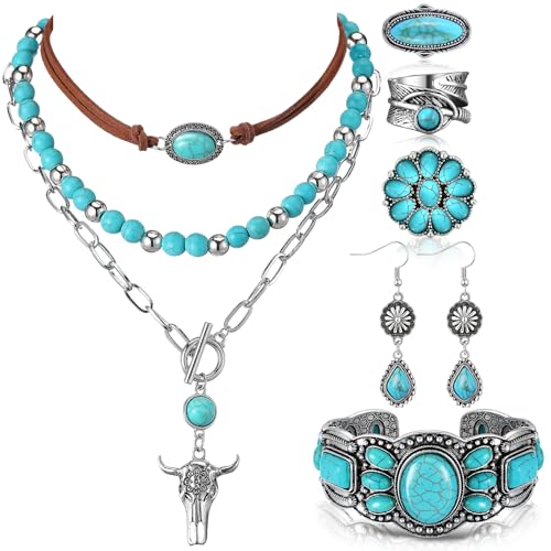 Image of Ecally Bohemian Western Jewelry Turquoise Set Women Country Pendant Long Choker Layered Bracelets Earrings Ring for Women